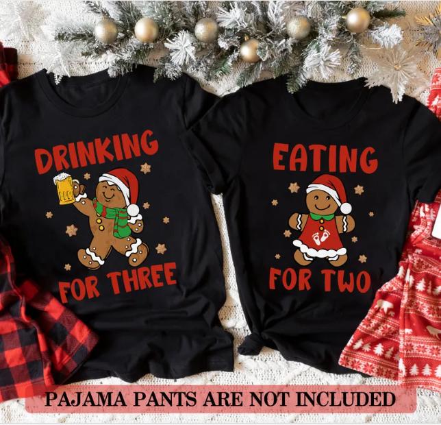 Eating For Two Christmas Couple Shirt, Christmas Pregnancy Announcement Shirt, Baby Reveal Funny Matching Parent Tee, Xmas Pregnant Mom