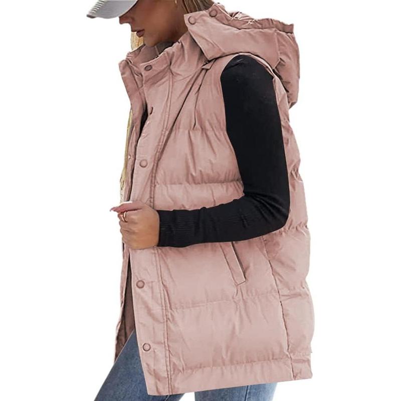 Fisoew Women's long Quilted Vest hooded sleeveless Button Down puff vest cotton padded jacket winter coat