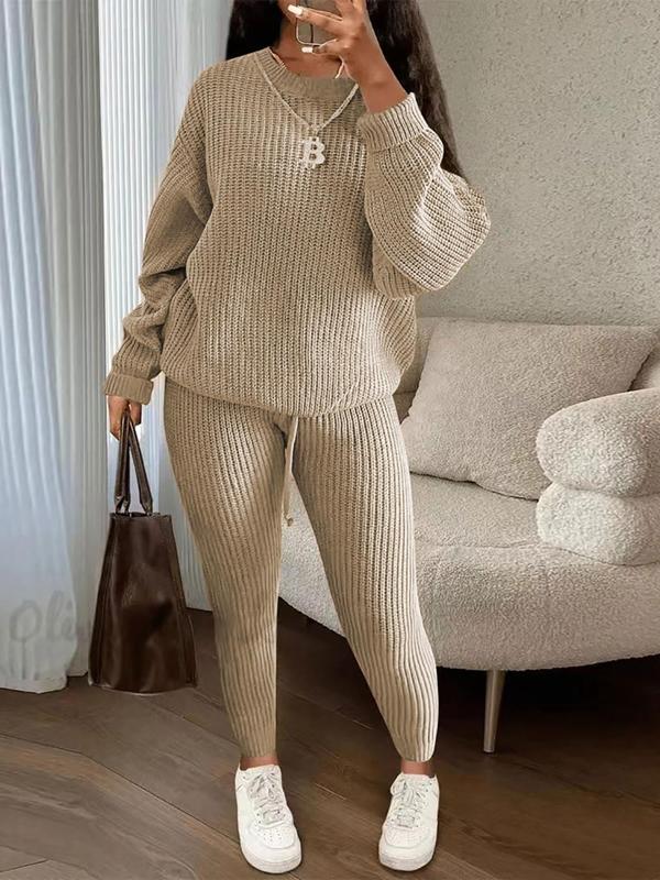 Women's Solid Drop Shoulder Sweater & Drawstring Waist Pants Two-piece Set, Fall Outfits, Casual Fashion Cozy Knitwear Set for Daily Outdoor Wear, Women's Knitwear for Fall & Winter, Womenswear & Underwear