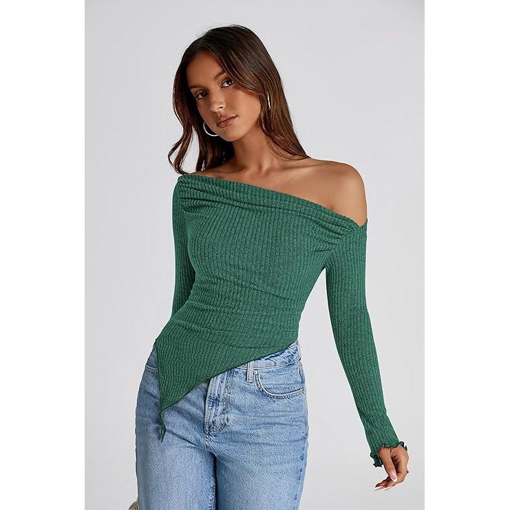 PrettyGarden Women's Long Sleeve Y2K Crop Top Trendy Off Shoulder Asymmetrical Fitted Knit Tee Shirts Going Out Ribbed Tops Womenswear Knitwear