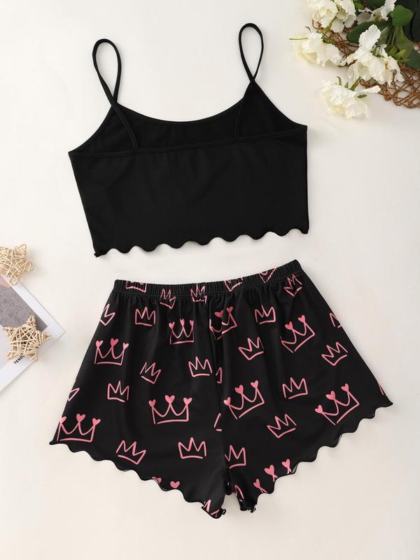 Women's Simple Letter Print Sleeveless Camisole & Stars Print Bow PJ Shorts Loungewear Set, Summer Clothes Women, Lettuce Trim Spaghetti Strap Crop Cami Top & Shorts Set, Women Nightwear, Women's Homewear Set, Basic Everyday Home Wear, Chic Womenswear