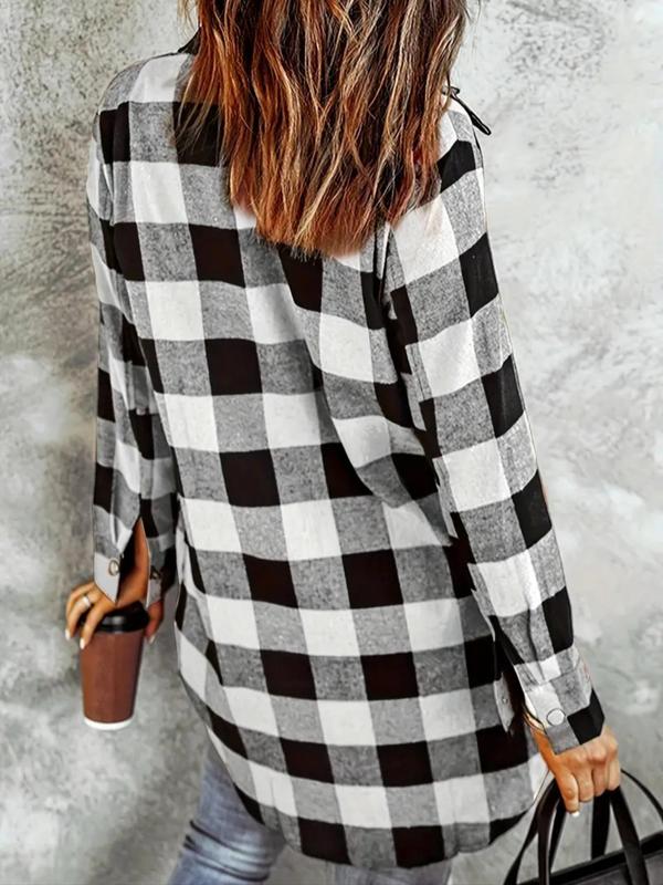 Women's Plaid Print Button Front Curved Hem Shirt, Casual Long Sleeve Collared Top for Spring & Fall, Ladies Clothes for Daily Wear