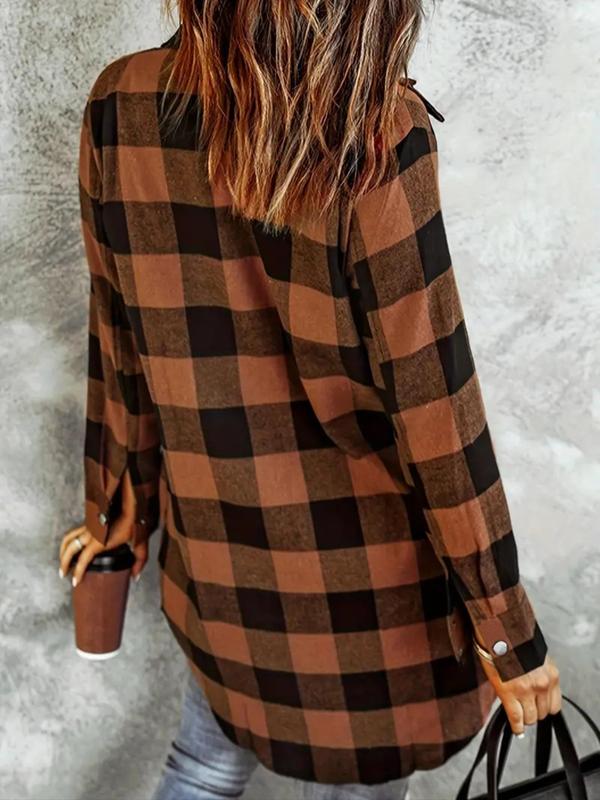 Women's Plaid Print Button Front Curved Hem Shirt, Casual Long Sleeve Collared Top for Spring & Fall, Ladies Clothes for Daily Wear