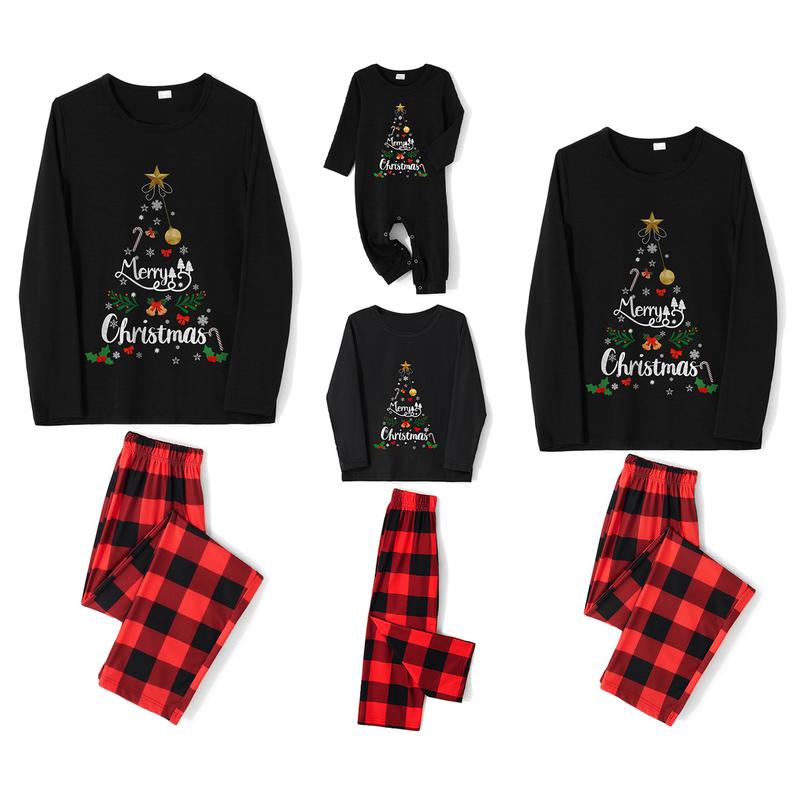 Family Christmas Pajamas Matching Pajamas for Family, Xmas PJs Sets Holiday Sleepwear String Lights Christmas Tree Print Tops Plaid Pants