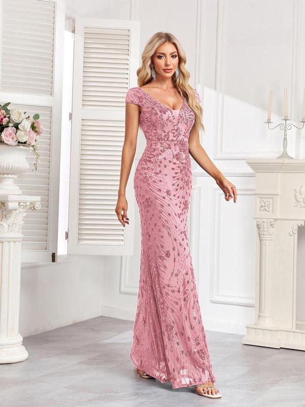 Women's Glitter Sequins Mermaid Party Dress, Fallfreshness Elegant V Neck Cap Sleeve Evening Party Gown, Ladies Clothes for All Seasons, Elegant Formal Dresses, Birthday Dresses 2024, Dresses for Women, Women's Clothing, Christmas Party Dress