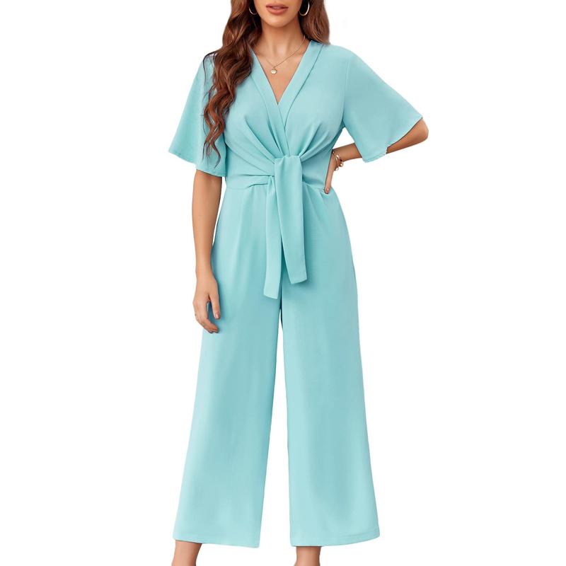 Fisoew Womens Wide Leg Jumpsuits Short Sleeve V Neck Tie Knot High Waist Summer Long Romper