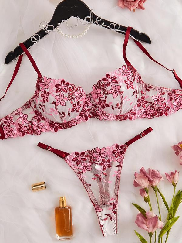 Women's Floral Embroidery Sheer Lace Bra & Thong Sexy Lingerie Set, Adjustable Strap Push Up Bra & Panty, Lingerie Set for Women