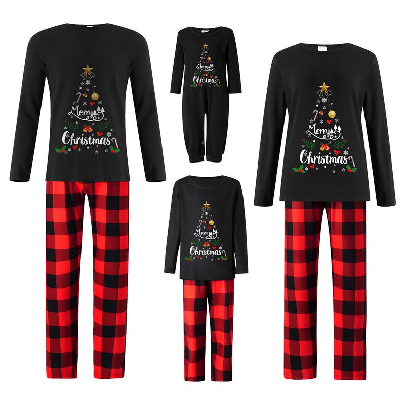 Family Christmas Pajamas Matching Pajamas for Family, Xmas PJs Sets Holiday Sleepwear String Lights Christmas Tree Print Tops Plaid Pants