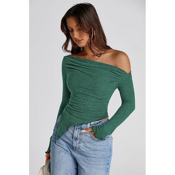 PrettyGarden Women's Long Sleeve Y2K Crop Top Trendy Off Shoulder Asymmetrical Fitted Knit Tee Shirts Going Out Ribbed Tops Womenswear Knitwear