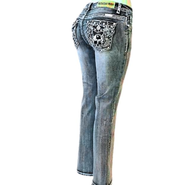 Skull McBling Jeans Bootcut Stretch plus Denim Streetwear Biker rock Casual Comfort Crystal Retro boot Bottom Embroidery Fashion Spandex Womenswear