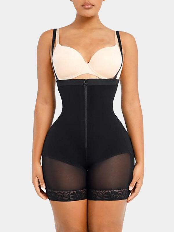 Women's Back To School Plain Contrast Lace Zipper Front Shapewear Romper with Detachable Adjustable Strap, Fall Wear, Adjustable Hook & Eye Closure Bodysuit, Fall Shapewear Tummy Control Fajas Para Mujer, High Waist Tummy Control Body Shapewear Sexy