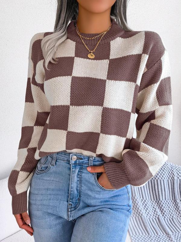 Plaid Print Drop Shoulder Longsleeves Crewneck Sweater, Y2k Clothing, Lady Street Long Sleeve Round Neck Jumper, Comfort Knitting Womenswear, Sweaters for Women