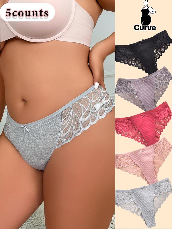  Contrast Lace Bow Decor Panty, Soft Comfy Breathable Scallop Design Knicker for Daily Wear, Women's Underwear for All Seasons