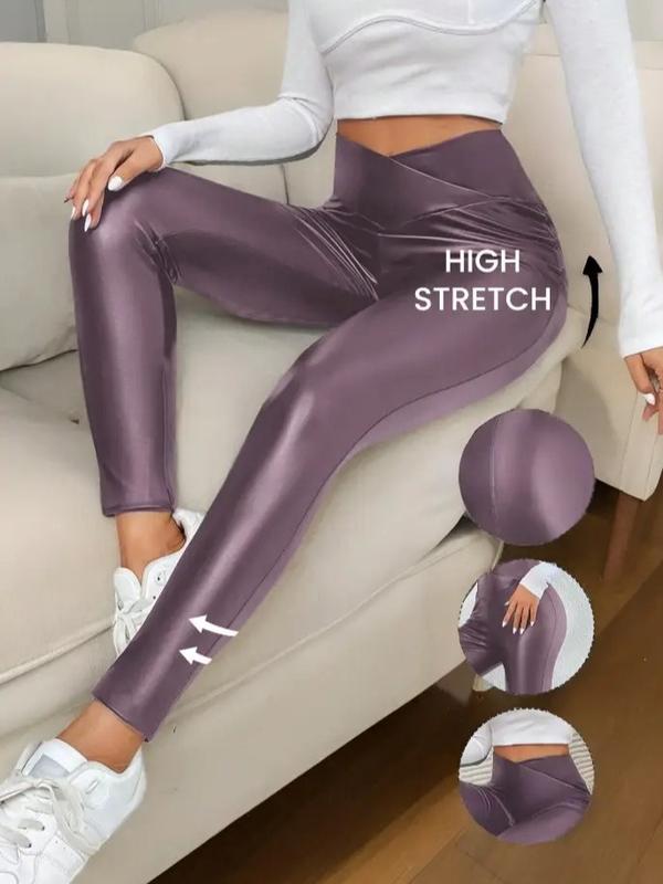 1pc Women's Solid Color Asymmetric Waistband PU Leather Leggings