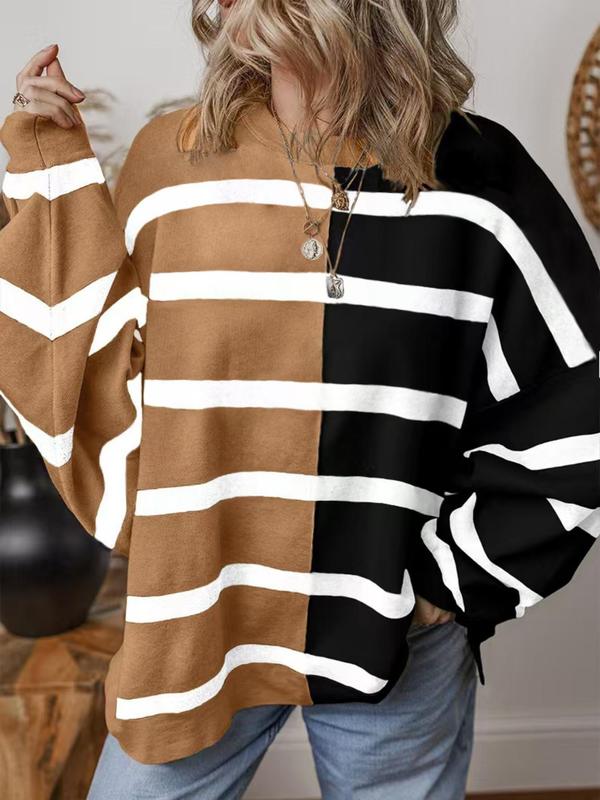 Women's Colorblock Striped Print Drop Shoulder Sweater, Casual Long Sleeve Round Neck Jumper for Fall & Winter, Fashion Ladies' Knitwear for Daily Wear