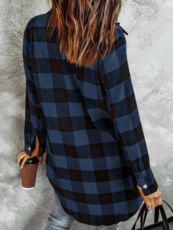 Women's Plaid Print Button Front Curved Hem Shirt, Casual Long Sleeve Collared Top for Spring & Fall, Ladies Clothes for Daily Wear