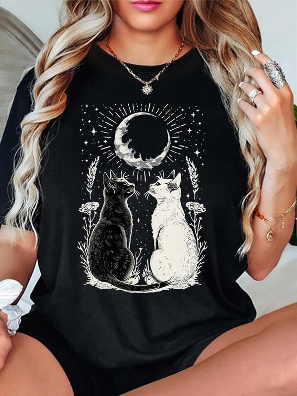 Women's Cat & Moon Print Round Neck Tee, Casual Short Sleeve Crew Neck T-shirt for Spring & Fall, Fashion Women's Top for Daily Wear