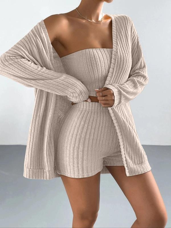 Three-Piece Set Women's Solid Ribbed Three-Piece Set, Casual Drop Shoulder Coat & High Waist Shorts & Crop Tube Top Set, Ladies Clothes for Spring & Fall Daily Wear, Overalls, Suits, Comfort