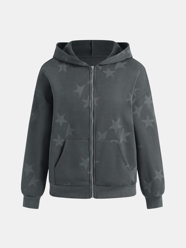 YOZY Women's Star Print Zip Up Hoodie, Casual Long Sleeve Drop Shoulder Hooded Sweatshirt for Daily Wear, Ladies Clothes for All Seasons