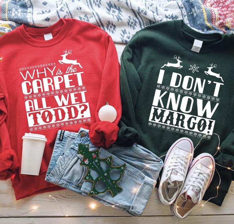 Margo and Tood Christmas Funny Couple Shirts, Couple Christmas Tee, I Don't Know Margo And Why is the Carpet All Wet Todd, Ugly Christmas Shirt Cotton Womenswear