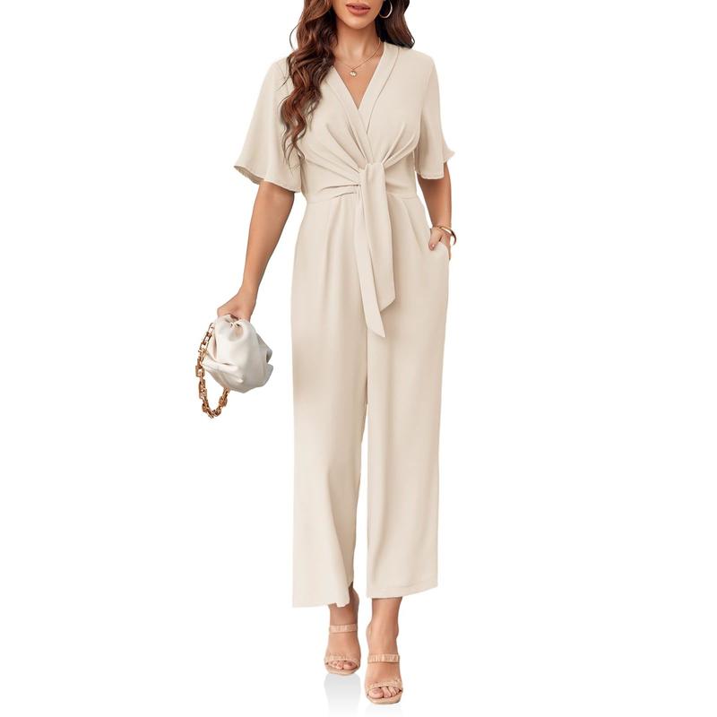 Fisoew Womens Wide Leg Jumpsuits Short Sleeve V Neck Tie Knot High Waist Summer Long Romper