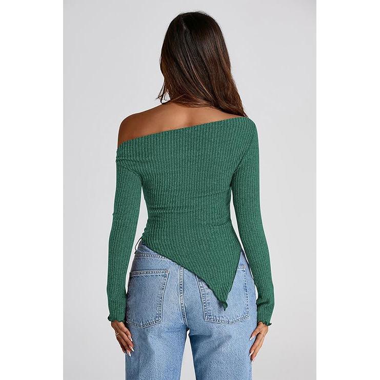 PrettyGarden Women's Long Sleeve Y2K Crop Top Trendy Off Shoulder Asymmetrical Fitted Knit Tee Shirts Going Out Ribbed Tops Womenswear Knitwear