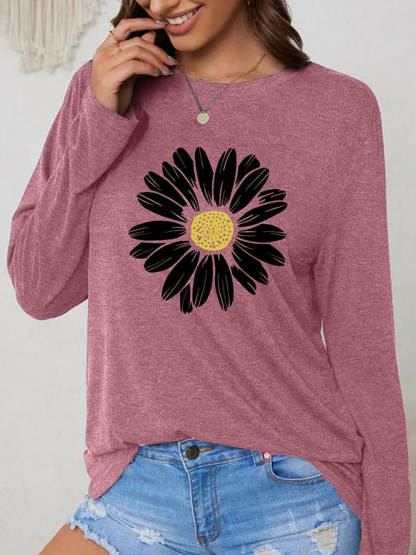 Women's Floral Print Round Neck T-shirt, Casual Long Sleeve Crew Neck Tee for Daily Wear, Ladies Clothes for All Seasons, Fall Tops