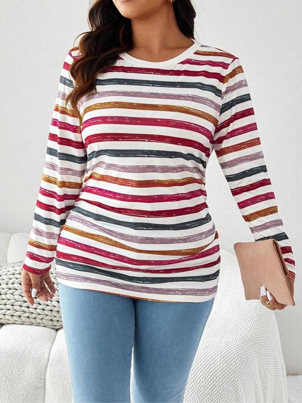  Striped Print Long Sleeve Tee, Casual Round Neck T-shirt for Fall & Winter, Women's Clothing for Daily Wear