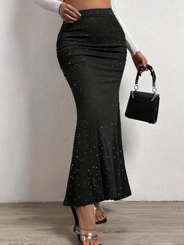 Women's Glitter Ruched High Waist Mermaid Skirt, Elegant Fashion Long Skirt For Party Holiday Wedding Guest, Ladies Bottoms For All Seasons