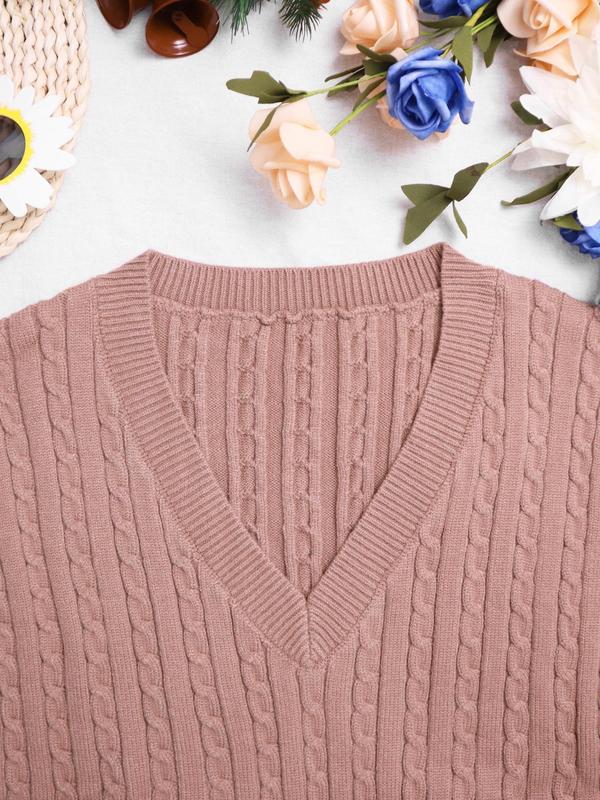 Women's V Neck Cable Knit Sweater Vest without Shirt, Casual Solid Textured Sleeveless Knit Top for Spring & Fall, Fashion Women's Knitwear for Daily Wear