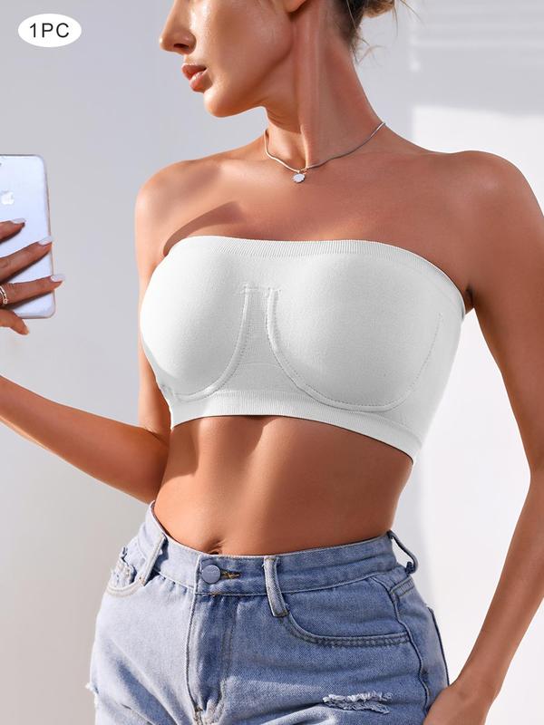 Women's Solid Ruched Wireless Bandeau Bra, High Stretch Seamless Strapless Invisible Bra, Ladies Lingerie for All Seasons Daily Wear