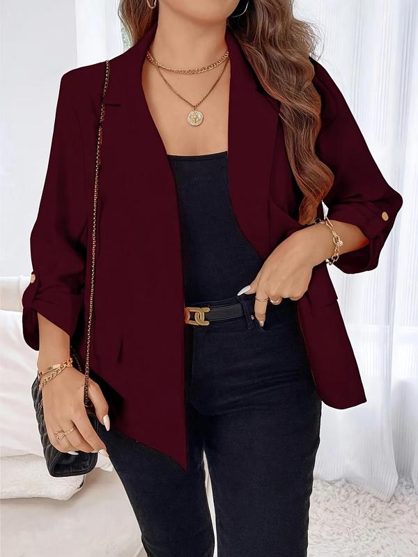  Solid Color Open Front Blazer, Elegant Fashion Long Sleeve Outerwear for Work Office Business, Women's Clothing for Fall & Winter