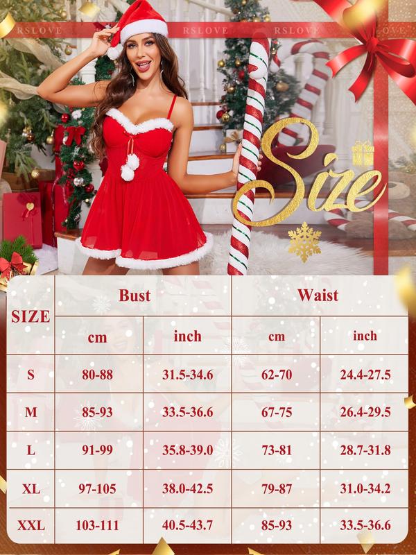 RSLOVE Women Christmas Lingerie Set 3 Piece Sexy Santa Babydoll Red Chemise Claus Costumes with Choker Belt