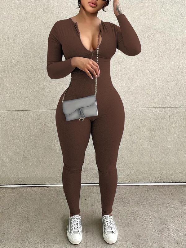 Women's Solid Color Zip Up Skinny Jumpsuit, Casual Long Sleeve Round Neck Jumpsuit for Daily Wear, Ladies Clothes for All Seasons