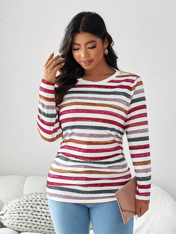  Striped Print Long Sleeve Tee, Casual Round Neck T-shirt for Fall & Winter, Women's Clothing for Daily Wear