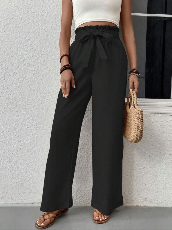 Women's Plain Pocket Tie Front Straight Leg Pants, Summer Pants for Women, Elegant High Waist Paper Bag Waist Trousers for Work Office Business, Ladies Bottoms for All Seasons