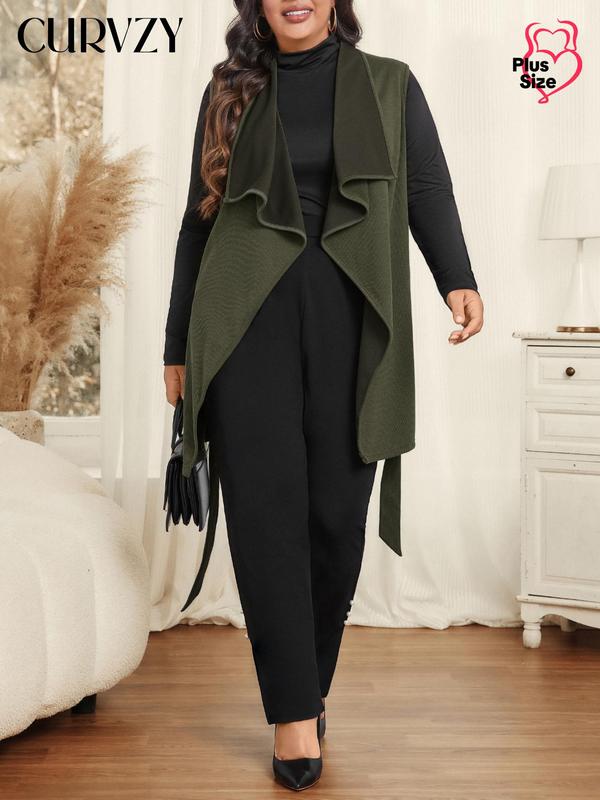 CURVZY Plus Size Solid Belted Sleeveless Vest Coat, Casual Waterfall Collar Outerwear for Spring & Fall, Women's Clothes for Daily Wear