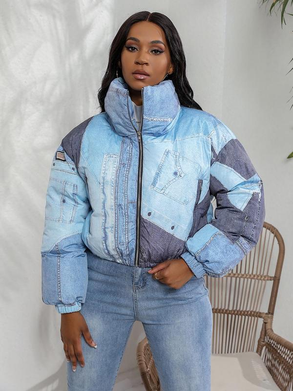 Women's Denim-effect Print Zip Up Hooded  Coat, Fashion Casual Drop Shoulder Long Sleeve Outerwear for Daily Outdoor Wear, Women Clothing for Fall & Winter