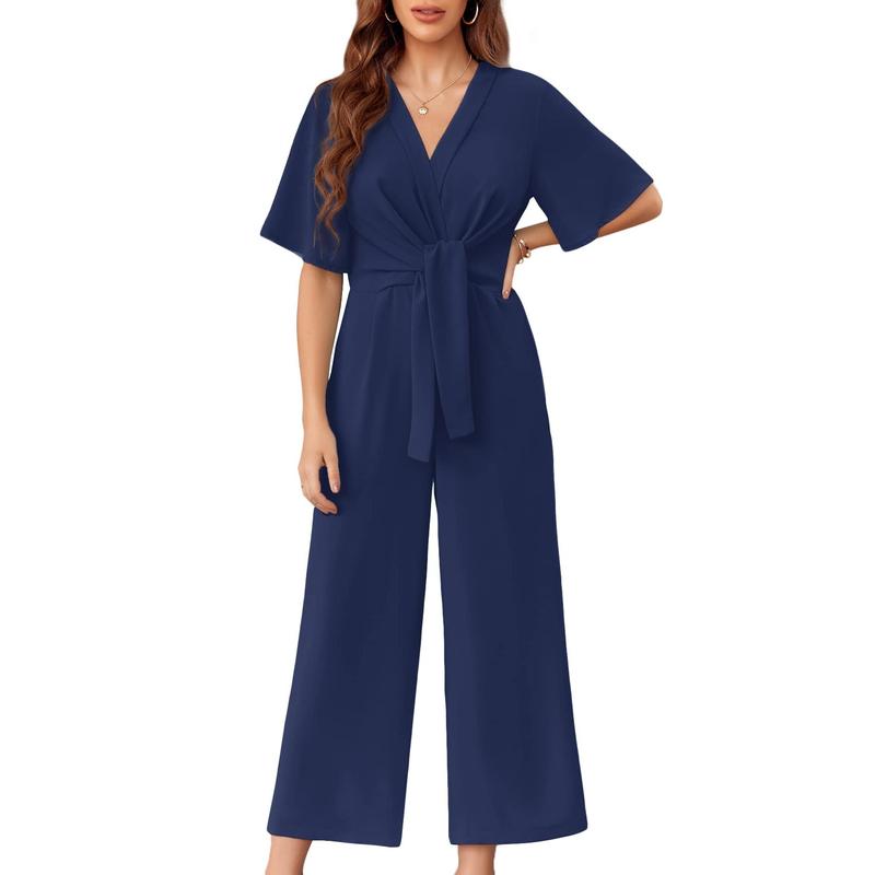 Fisoew Womens Wide Leg Jumpsuits Short Sleeve V Neck Tie Knot High Waist Summer Long Romper