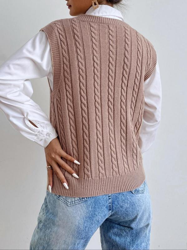 Women's V Neck Cable Knit Sweater Vest without Shirt, Casual Solid Textured Sleeveless Knit Top for Spring & Fall, Fashion Women's Knitwear for Daily Wear