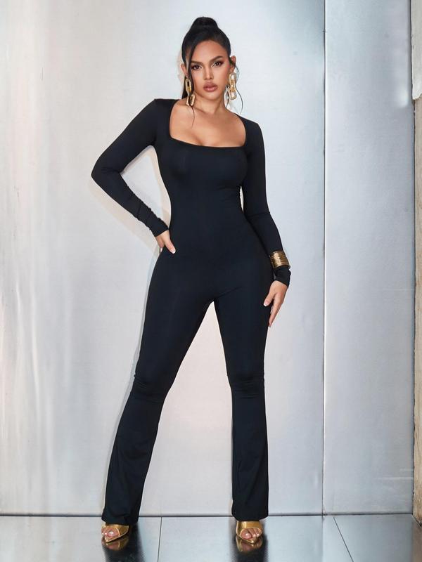 Women's Solid Square Neck Long Sleeve Flare Leg Jumpsuit, Casual Tight-fitting Bell Bottom Jumpsuit for Spring & Fall, Women's Clothes for Daily Wear