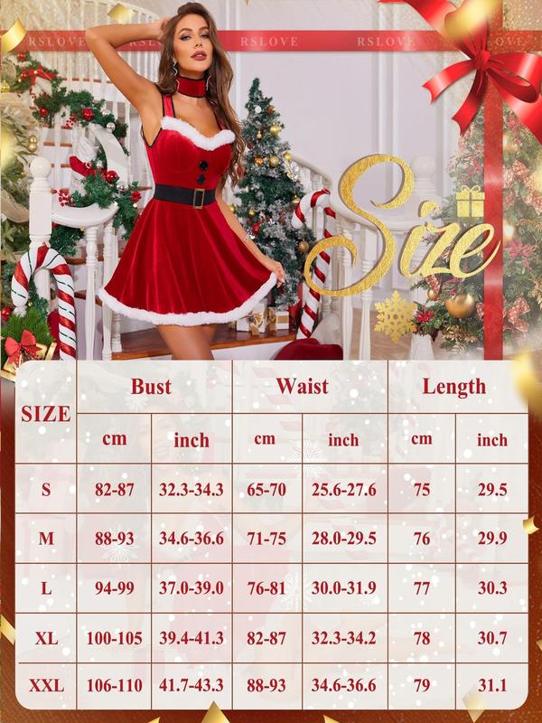 RSLOVE Women Christmas Lingerie Set 3 Piece Sexy Santa Babydoll Red Chemise Claus Costumes with Choker Belt