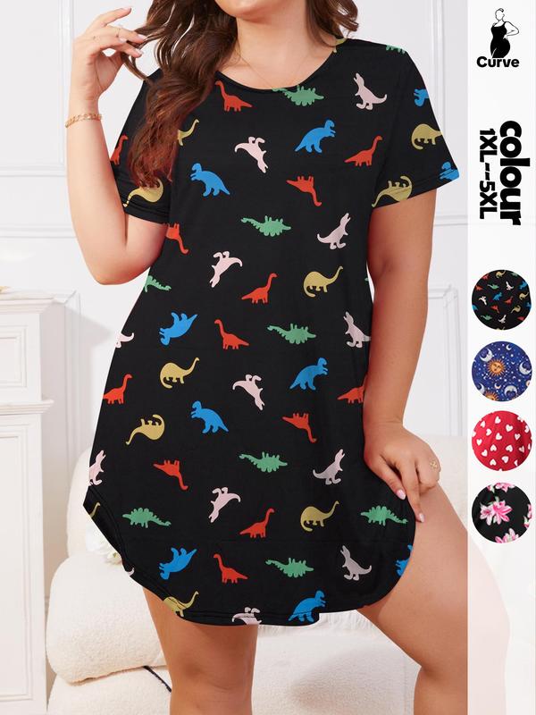  All Over Dinosaur Print Round Neck Nightdress, Back To School Casual Short Sleeve Nightgown For Women, Women's Sleepwear For Summer