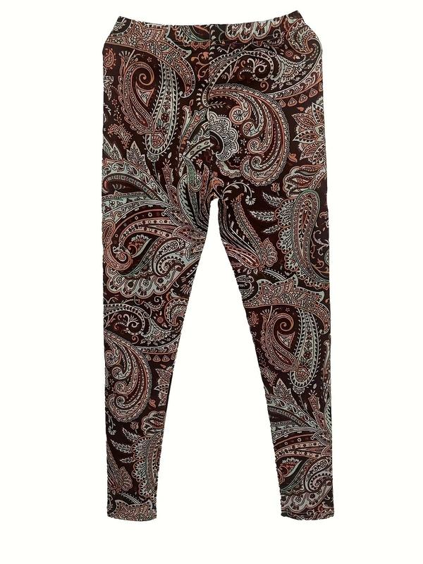 Plus Size Paisley Print Leggings, Boho Casual Comfy Elastic Waist Skinny Pants for Daily Holiday Vacation Wear, Women Plus Clothing for Summer Spring Fall