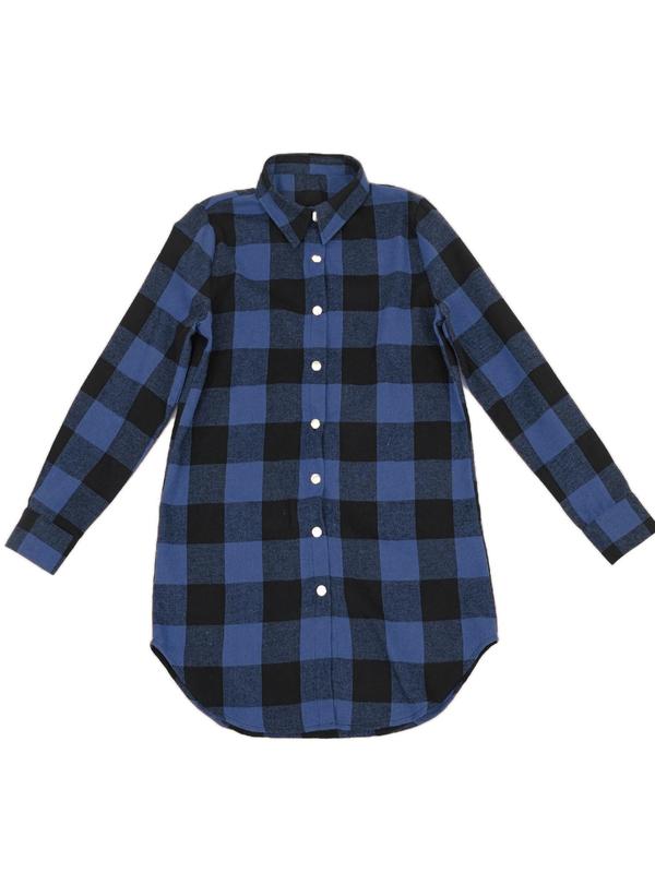 Women's Plaid Print Button Front Curved Hem Shirt, Casual Long Sleeve Collared Top for Spring & Fall, Ladies Clothes for Daily Wear