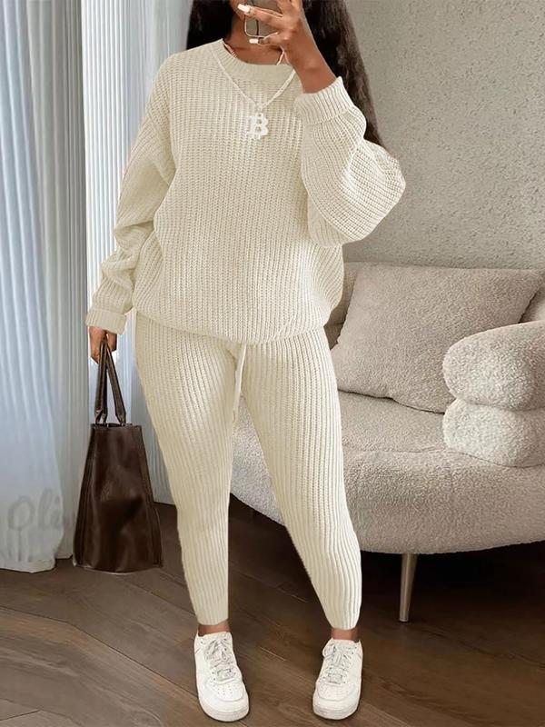 Women's Solid Drop Shoulder Sweater & Drawstring Waist Pants Two-piece Set, Fall Outfits, Casual Fashion Cozy Knitwear Set for Daily Outdoor Wear, Women's Knitwear for Fall & Winter, Womenswear & Underwear