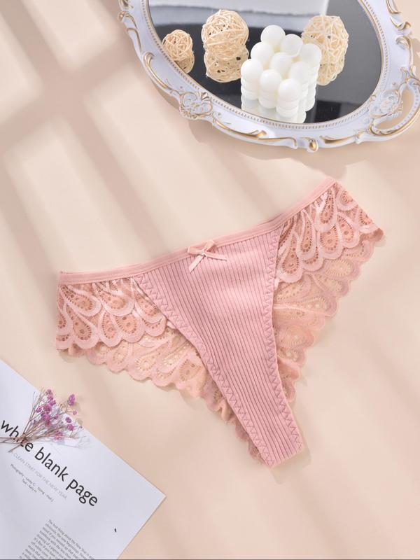  Contrast Lace Bow Decor Panty, Soft Comfy Breathable Scallop Design Knicker for Daily Wear, Women's Underwear for All Seasons