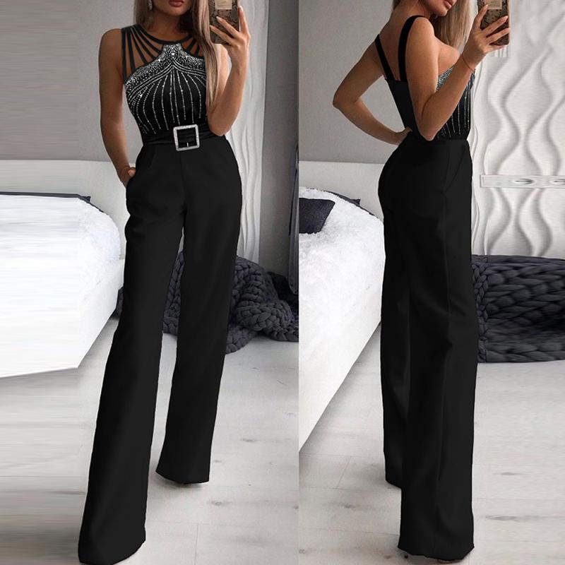 ChicMe Women's Multi Strap Sleeveless Jumpsuit Rhinestone Bootcut Overalls with Pockets Comfort Womenswear