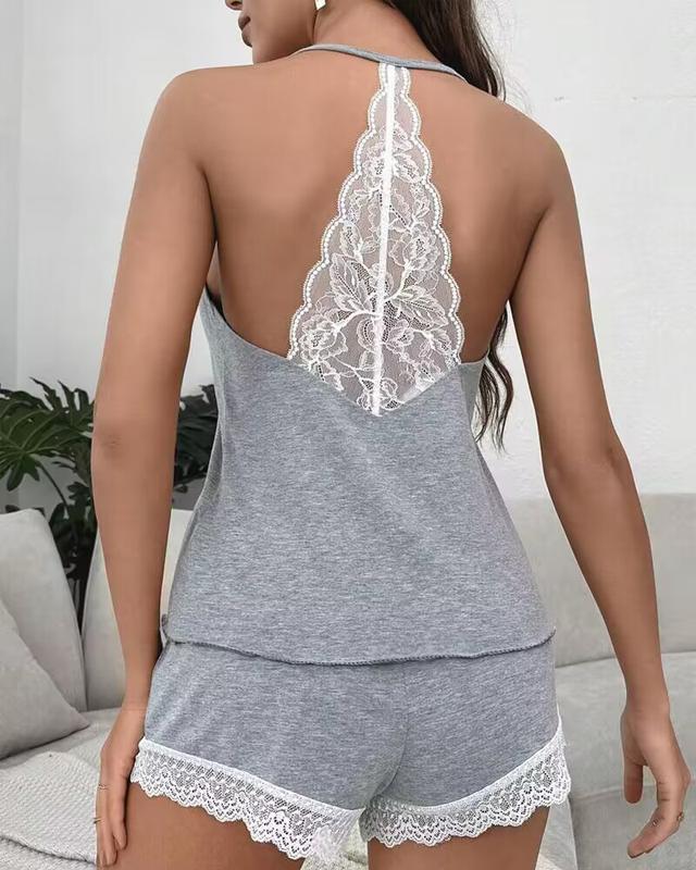 ChicMe Womens Crochet Lace Trim Backless Cami Tops and Shorts Set Pajams Set Sleepwear Loungewear Pajama