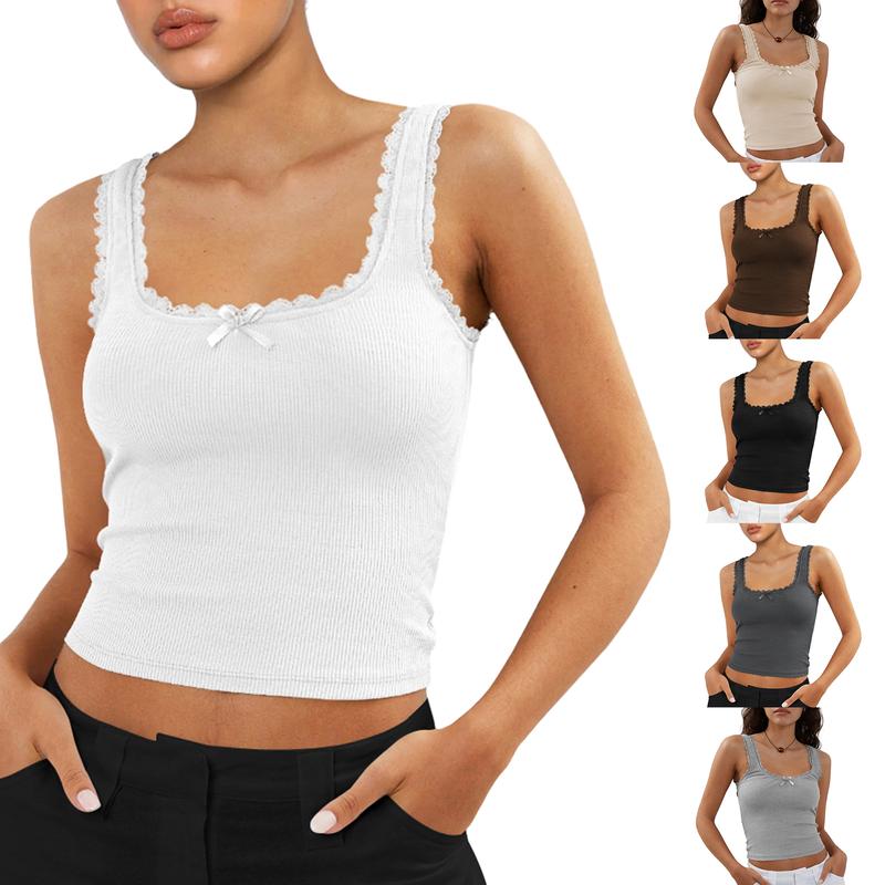 Women's Crop Tank Tops Slim Fit Scoop Neck Backless Lace Trim 3D Bow Ribbed Cami Tank Tops for Party Club Night Cotton Lady Sleeveless Womenswear